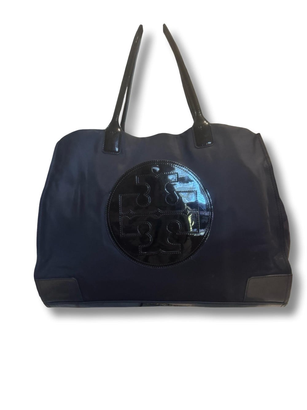 Tory Burch Black Ella Tote with Glossy Logo, GUC